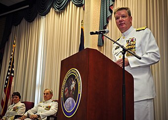Vice Adm. Bernard J. McCullough III at a change of command ceremony, July 27, 2011.