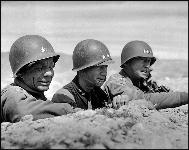 From left to right, Brigadier General Theodore Roosevelt Jr., Major General Terry Allen and Lieutenant General George S. Patton, March 1943.