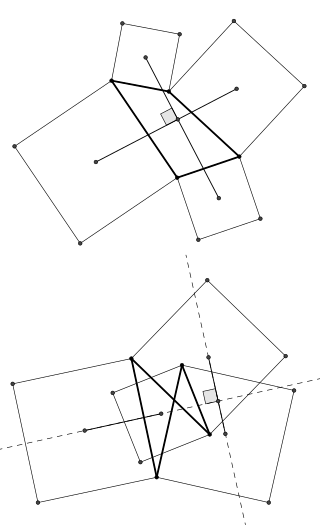 <span class="mw-page-title-main">Van Aubel's theorem</span> Lines connecting the centers of squares on opposite sides of a quadrilateral are = and ⟂