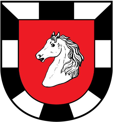 Coat of arms of Saxe-Lauenburg after 1866. These arms alter the Danish version, then featuring a golden horse head on red. Prussia added a bordure gyronny in black and white, its official colours, and showed the horse head in silver.