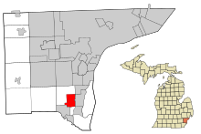 Wayne County Michigan Incorporated a Unincorporated oblasti Woodhaven zvýrazněny.svg