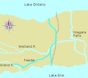 The complete First Welland Canal including the Feeder Canal and the extension to Port Colborne. The present-day canal is marked in pale grey Welland Canal - First Canal Port Colborne.png