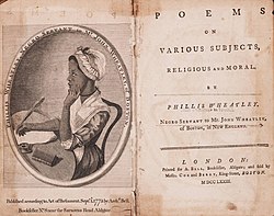 Poet Phyllis Wheatley, born in Senegal and sold as a slave in Boston in 1761. Wheatley Poems.jpg