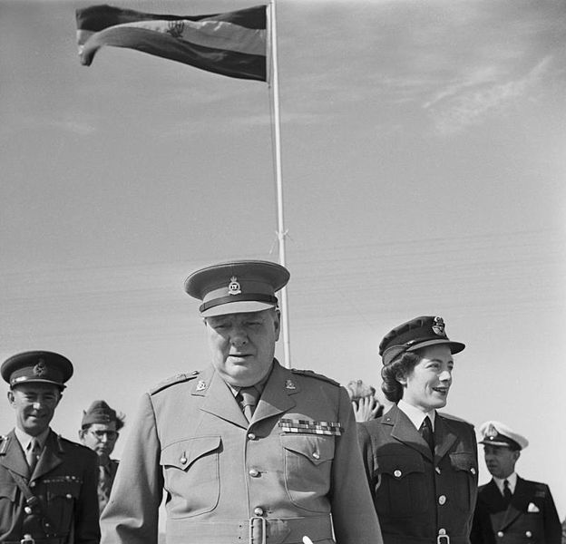 File:Winston Churchill with his daughter Sarah, on a visit to his old regiment, the 4th Queen's Own Hussars, in Egypt, 5 December 1943. E26681.jpg