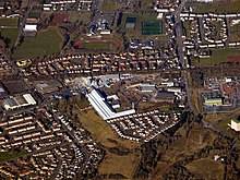 Wishaw Sports Centre from the air (top centre), during winter. Wishaw from the air (geograph 5719026).jpg