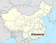 Staðsetning Xiamen borgar í Fujian héraði í Kína.