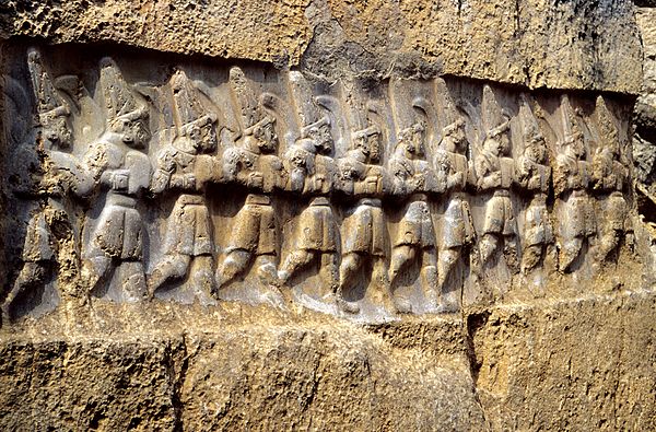 Ancient Hittite relief carving from Yazılıkaya, a sanctuary at Hattusa, depicting twelve gods of the underworld