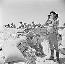 רגלים בריטיים מאיישים עמדה המוגנת בשקי חול ליד אל-עלמיין, 17 ביולי 1942