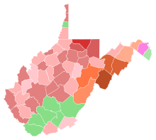 Maloney
30-40%
40-50%
50-60%
60-70%
70-80%
Ireland
30-40%
40-50%
Barnes
30-40%
40-50%
50-60%
60-70%
70-80%
Faircloth
30-40% 2011 West Virginia gubernatorial special Republican primary election results map by county.svg