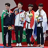 Men's poomsae podium 2018 Asian Games, men individual poomsae.jpg