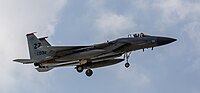 A US Air Force F-15C Eagle, tail number 81-0032, on final approach at Kadena Air Base in Okinawa, Japan.