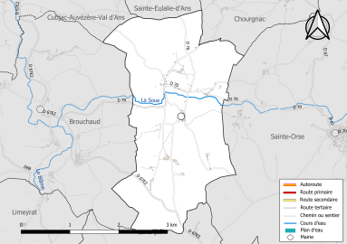 Carte en couleur présentant le réseau hydrographique de la commune