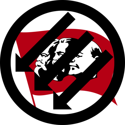 Three Arrows through red flag of Marx-Engels-Lenin