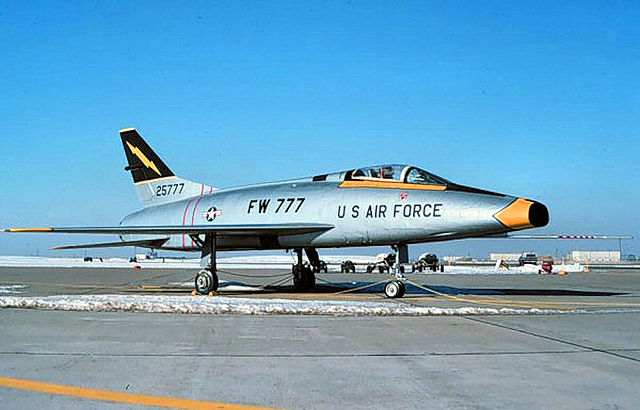 561st TFS F-100A Super Sabre, AF Ser. No. 52-5777, at Etain AB, 1957. Aircraft was noted in 1990 at Hill AFB Museum, Utah