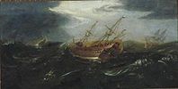 Attributed to Aert Anthonisz. Ships in a Storm label QS:Len,"Ships in a Storm" label QS:Lpl,"Okręty w sztormie" label QS:Lnl,"Schepen in stormweer" circa 1600-1620. oil on panelmedium QS:P186,Q296955;P186,Q106857709,P518,Q861259. 41 × 78 cm (16.1 × 30.7 in). Rotterdam, Museum Boijmans Van Beuningen.