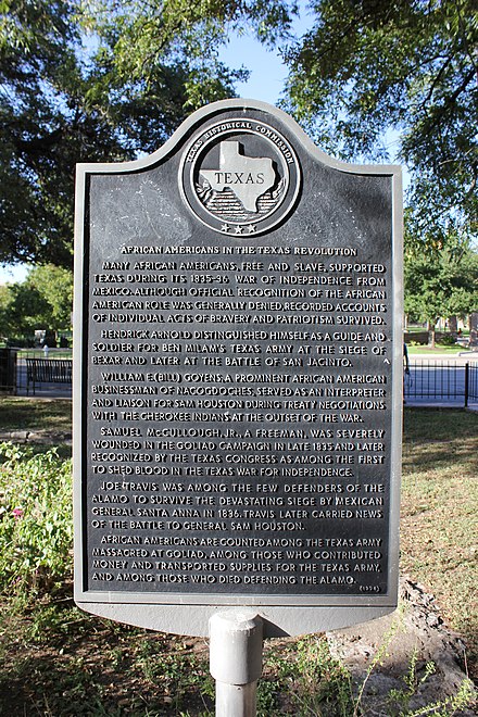 Historical marker in Austin, Texas, commemorating African American involvement in the Texas Revolution