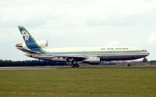 An Air New Zealand McDonnell Douglas DC-10 in 1977. DC-10 deliveries began in 1973 and they introduced a new colour scheme, being the first of the air