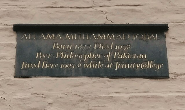 Plaque at Portugal Place, Cambridge, commemorating Allama Iqbal's residence there during his time at Trinity College