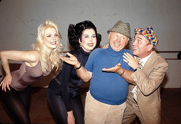 Left to right: Ann Jillian, Ann Miller, Mickey Rooney, Peter Leeds in the first production of Sugar Babies, 1979