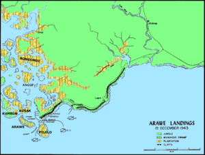 Una mappa del terreno dell'area Arawe come descritto nel testo dell'articolo