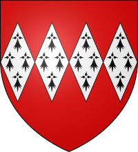 Arms of Dynham: Gules, four fusils in fess ermine Arms of Dynham.svg