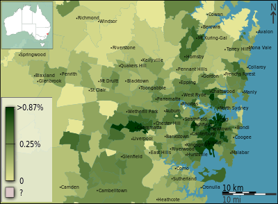 People born in Thailand as a percentage of the population in Sydney divided geographically by postal area, as of the 2011 census Australian Census 2011 demographic map - Inner Sydney by POA - BCP field 1840 Thailand Total.svg