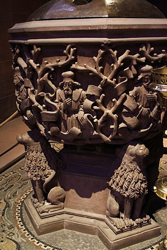 Branchwork on the baptismal font of Worms Cathedral Baptismal font (detail) - Worms Cathedral - Worms - Germany 2017.jpg