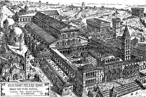 19th-century drawing of St. Peter's Basilica as it is thought to have looked around 1450. The Vatican obelisk is on the left, still standing on the sp