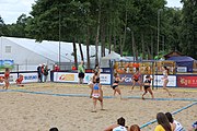 Deutsch: Beachhandball Europameisterschaften 2019 (Beach handball Euro); Tag 3: 4. Juli 2019 – Frauen,Platzierungsrunde Gruppe III, Zypern-Türkei 0:2 (14:24, 22:23) English: Beach handball Euro; Day 3: 4 July 2019 – Women Consolation Round Group III – Cyprus-Turkey 0:2 (14:24, 22:23)