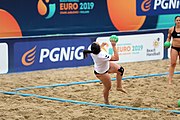 Deutsch: Beachhandball Europameisterschaften 2019 (Beach handball Euro); Tag 5: 6. Juli 2019 – Frauen, Platzierungsspiel für die Ränge 17–20, Nordmazedonien-Slowenien 0:2 (10:13, 9:15) English: Beach handball Euro; Day 5: 6 July 2019 – Placement Match/Cross Match for rank 17–20 Women – North Macedonia-Slovenia 0:2 (10:13, 9:15)