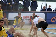 Deutsch: Beachhandball Europameisterschaften 2019 (Beach handball Euro); Tag 3: 4. Juli 2019 – Männer, Hauptrunde Gruppe I, Dänemark-Spanien 2:0 (23:20, 29:22) English: Beach handball Euro; Day 3: 4 July 2019 – Men Main Round Group I – Denmark-Spain 2:0 (23:20, 29:22)