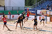 Deutsch: Beachhandball Europameisterschaften 2019 (Beach handball Euro); Tag 2: 3. Juli 2019 – Männer, Vorrunde Gruppe A, Spanien-Norwegen 1:2 (22:26, 28:22, 8:10) English: Beach handball Euro; Day 2: 3 July 2019 – Men Preliminary Round Group A - Spain-Norway 1:2 (22:26, 28:22, 8:10)