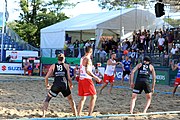 Deutsch: Beachhandball Europameisterschaften 2019 (Beach handball Euro); Tag 4: 5. Juli 2019 – Männer, Viertelfinale, Russland-Polen 2:0 (30:22, 19:18) English: Beach handball Euro; Day 4: 5 July 2019 – Quarter Final Men – Russia-Poland 2:0 (30:22, 19:18)