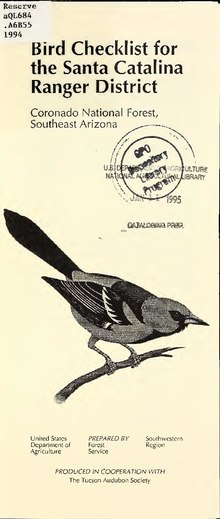 Thumbnail for File:Bird checklist for the Santa Catalina Ranger District - Coronado National Forest, southeast Arizona (IA CAT10688235).pdf