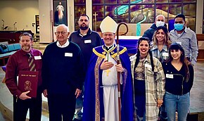 Bishop Mueggenborg at St Rose of Lima Parish in Reno, Nevada, with the Rite of the Elect from St Michael's Catholic Church from Stead, Nevada Bishop dan rose rite.jpg