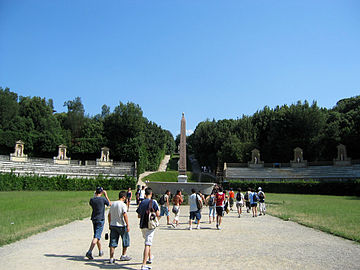 הציר הראשי של הגנים – מבט לעבר ה"אמפיטאטרו". ציר היוצא ממרכז ארמון פיטי