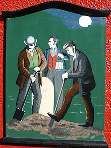Body snatchers at work. A painting on the wall of a public house in Penicuik, Scotland Body snatchers at work, Old Crown Inn, Penicuik.JPG