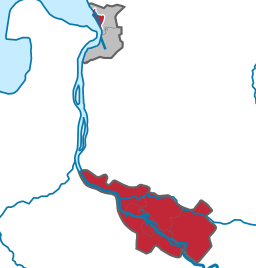 Staden Bremen är rödmarkerad. Övriga delar av förbundslandet Bremen är grå. De vita områdena är Niedersachsen.