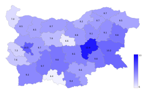 Коефициент на раждаемост, по области (данни 2014 г.)