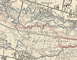 die Burgaue (1907) und die Neue Luppe (rot gestrichelte Linie)[7]