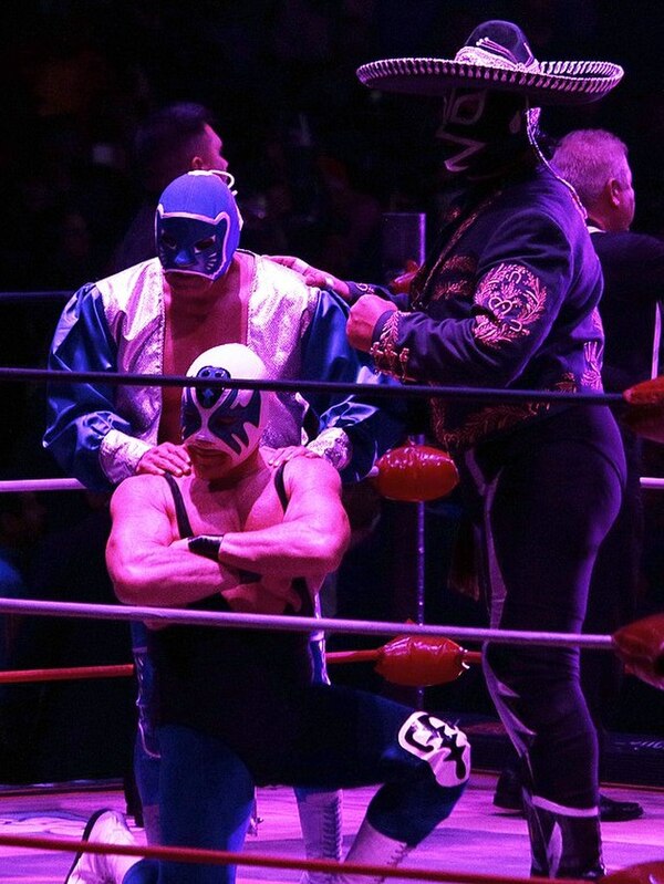Blue Panther (left) during his 40th Anniversary celebration with Atlantis (kneeling) and Rayo de Jalisco Jr. (right).