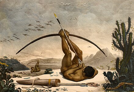 Cabloco, pintura de Jean-Baptiste Debret (1834). Demostració de tir amb arc davant d'estrangers, a São Lourenço; el terme cabloco designa aquí indis civilitzats i batejats
