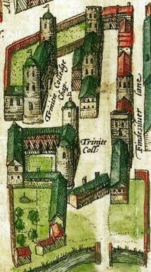 1575 map showing the King's Hall (top left) and Michaelhouse (top right) buildings before Thomas Nevile's reconstruction. Cambridge 1575 colour Trinity College.jpg