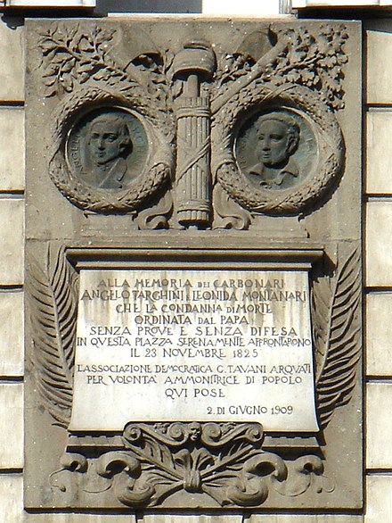 Plaque in memory of Angelo Targhini and Leonida Montanari, sentenced to death by the Pope in 1825