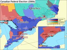 Election results in southern Ontario and Quebec. Canada election 2006 ontario v2.png