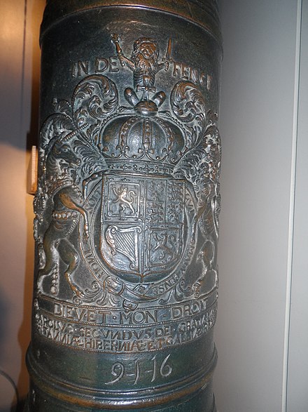 Cannon of Charles II, with Latin text BRITANNIÆ, HIBERNIÆ ET GALLIÆ REX ("King of Britain, Ireland and Gaul"