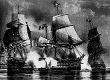 Agamemnon (left) battling Ca Ira on 13 March 1795. The frigates HMS Inconstant (left, background) and Vestale (right) are also visible. Capnoli.jpg