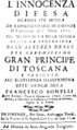 English: Fortunato Chelleri - L'innocenza difesa - title page of the libretto, Florence 1721, based on Silvanis L'innocenza giustificata