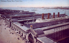 Chelsea Piers with the RMS Lusitania docked, c. 1910 Chelsea-lusitania.png