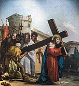 Via Crucis V Simon de Cyrène aide Jésus à porter la croix.